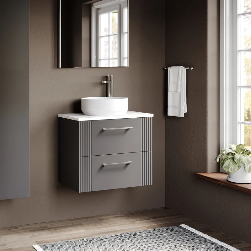 Deco 600mm Wall Hung 2 Drawer Vanity Unit & Carrera Marble Laminate Worktop - Grey Satin