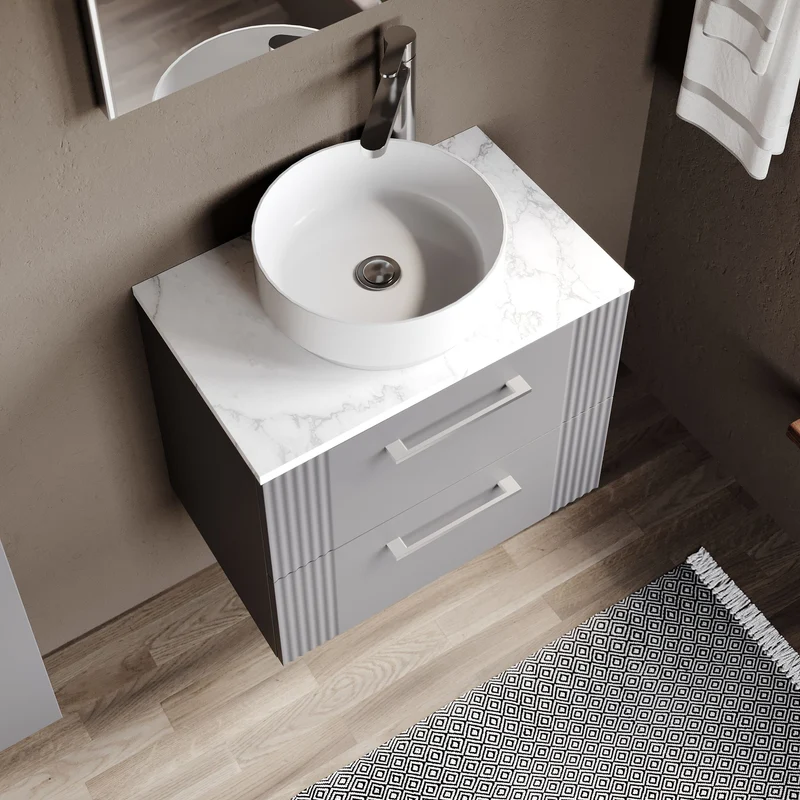 Deco 600mm Wall Hung 2 Drawer Vanity Unit & Carrera Marble Laminate Worktop - Grey Satin