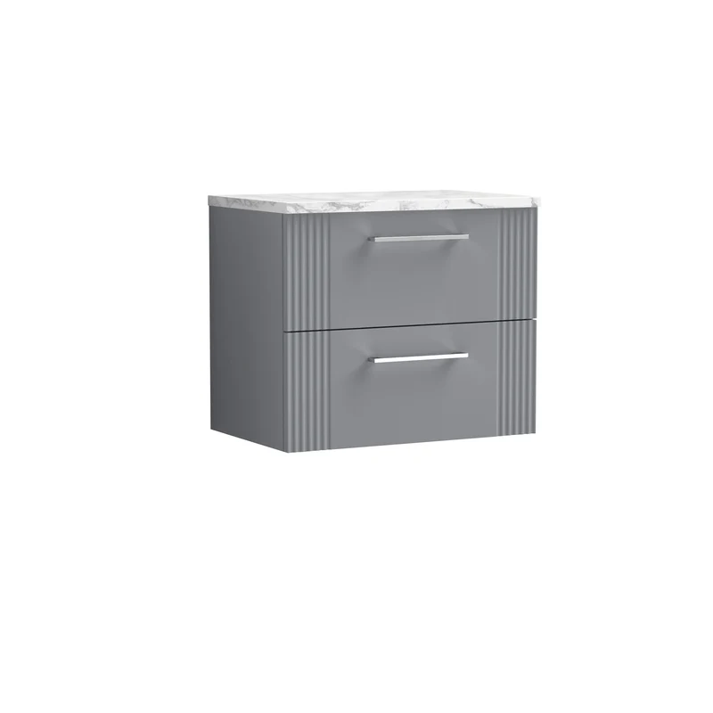 Deco 600mm Wall Hung 2 Drawer Vanity Unit & Carrera Marble Laminate Worktop - Grey Satin
