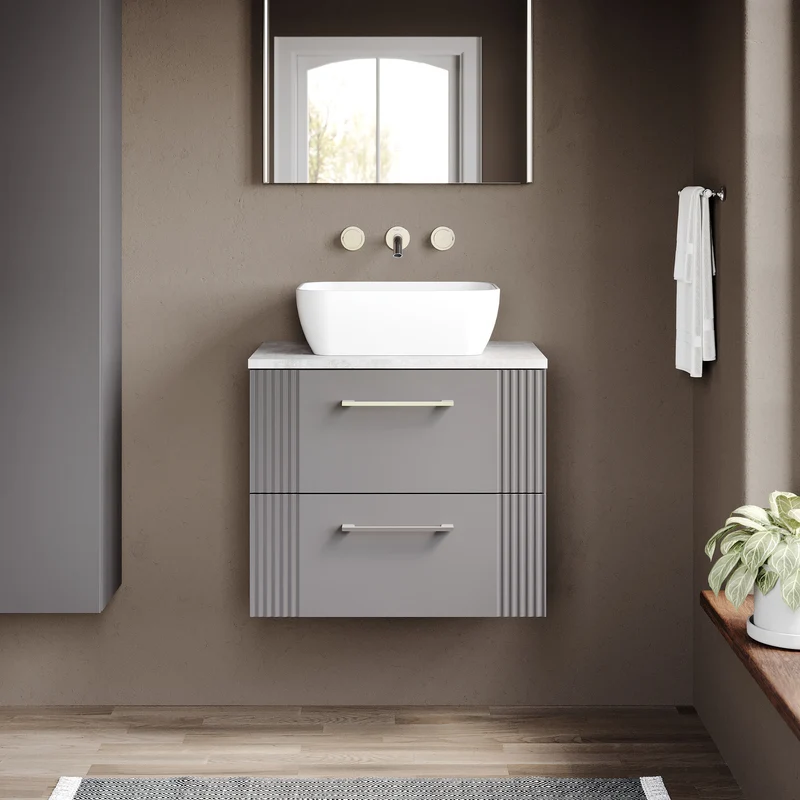 Deco 600mm Wall Hung 2 Drawer Vanity Unit & Bellato Grey Laminate Worktop - Grey Satin