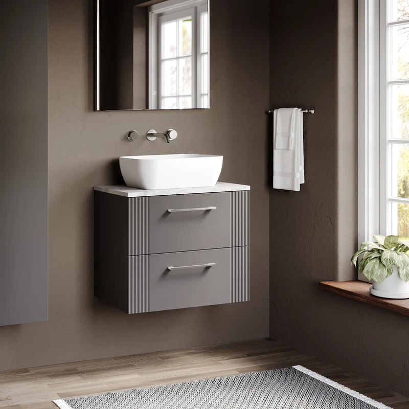 Deco 600mm Wall Hung 2 Drawer Vanity Unit & Bellato Grey Laminate Worktop - Grey Satin