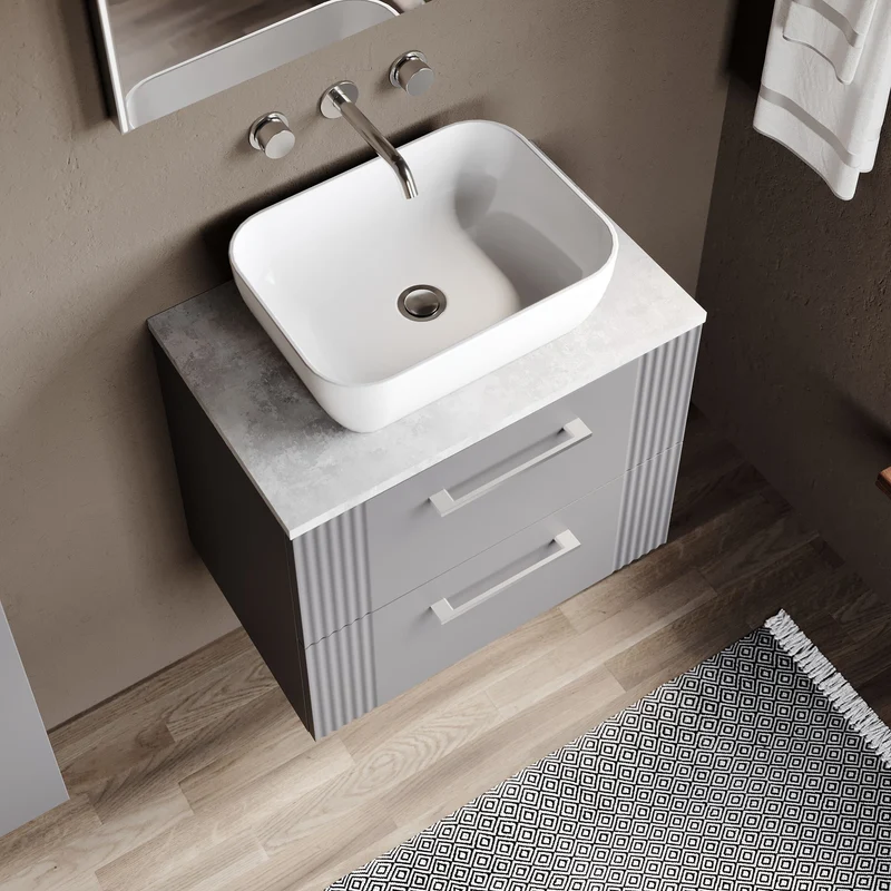 Deco 600mm Wall Hung 2 Drawer Vanity Unit & Bellato Grey Laminate Worktop - Grey Satin