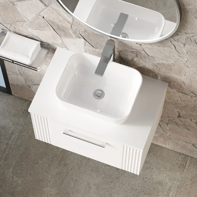 Deco 600mm Wall Hung 1 Drawer Vanity Unit & Worktop - White Satin