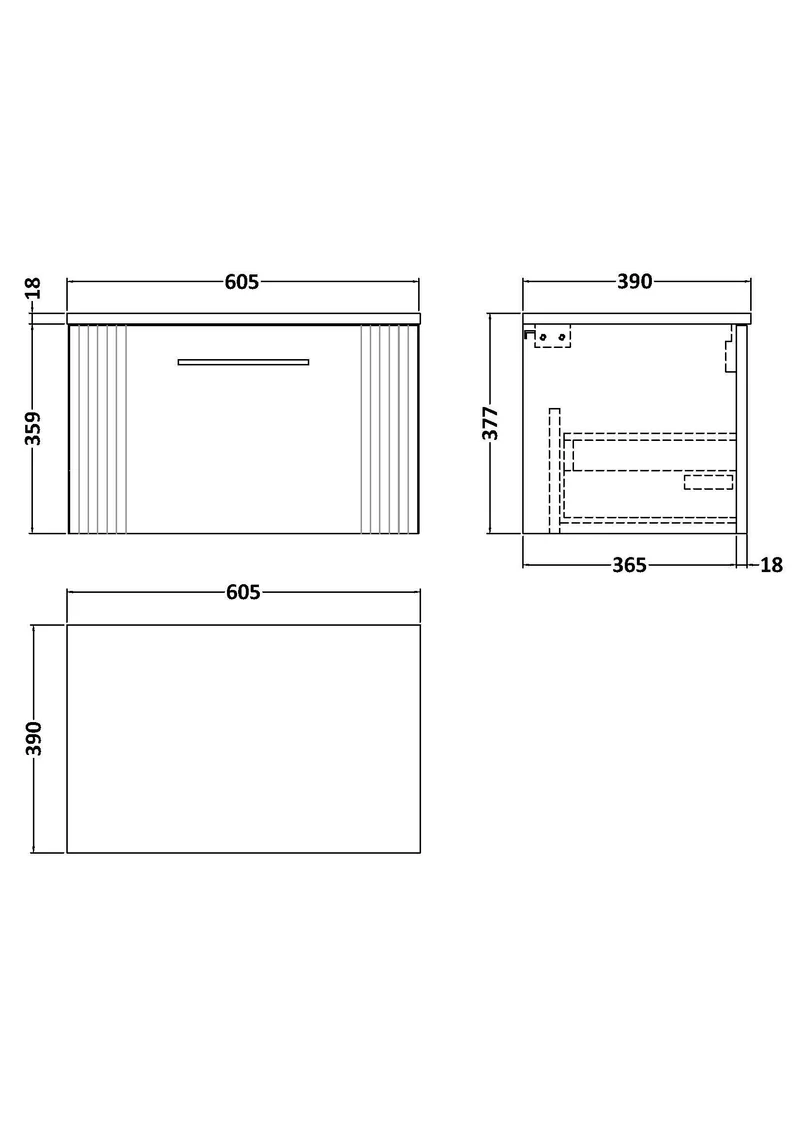 Deco 600mm Wall Hung 1 Drawer Vanity Unit & Worktop - White Satin
