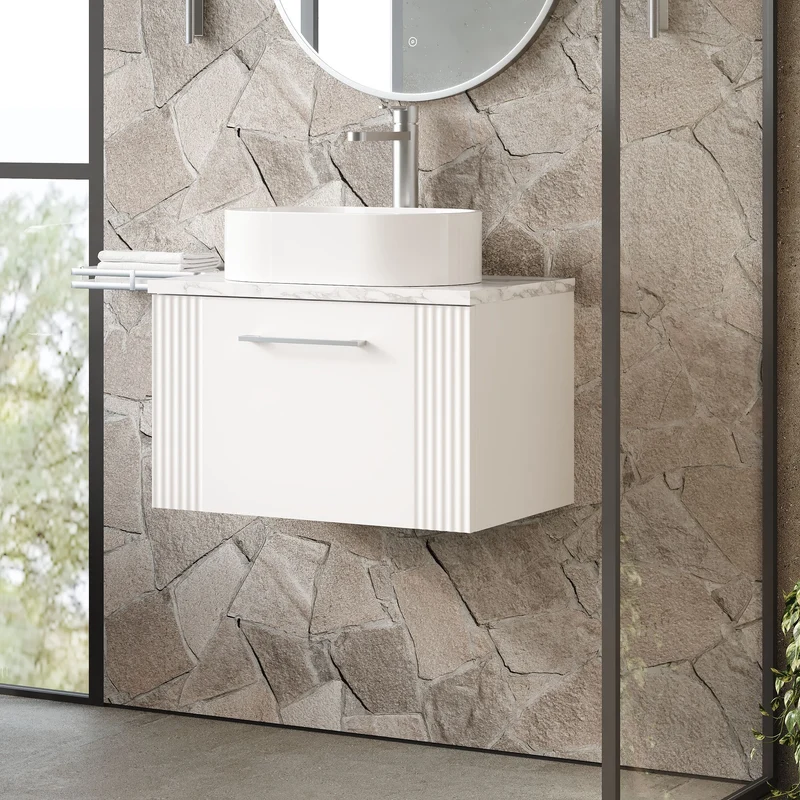 Deco 600mm Wall Hung 1 Drawer Vanity Unit & Carrera Marble Laminate Worktop - White Satin