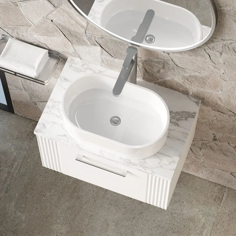 Deco 600mm Wall Hung 1 Drawer Vanity Unit & Carrera Marble Laminate Worktop - White Satin