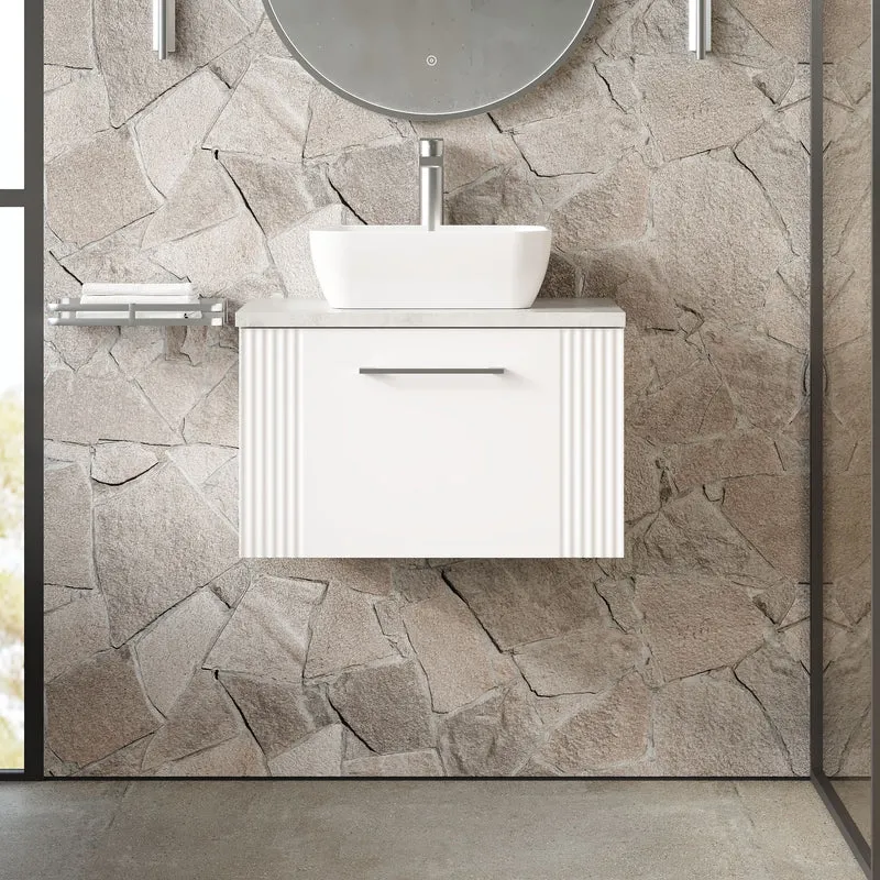 Deco 600mm Wall Hung 1 Drawer Vanity Unit & Bellato Grey Laminate Worktop - White Satin