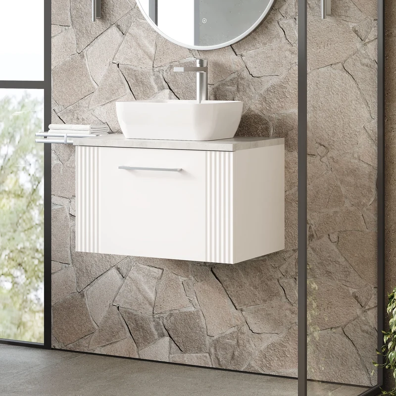 Deco 600mm Wall Hung 1 Drawer Vanity Unit & Bellato Grey Laminate Worktop - White Satin