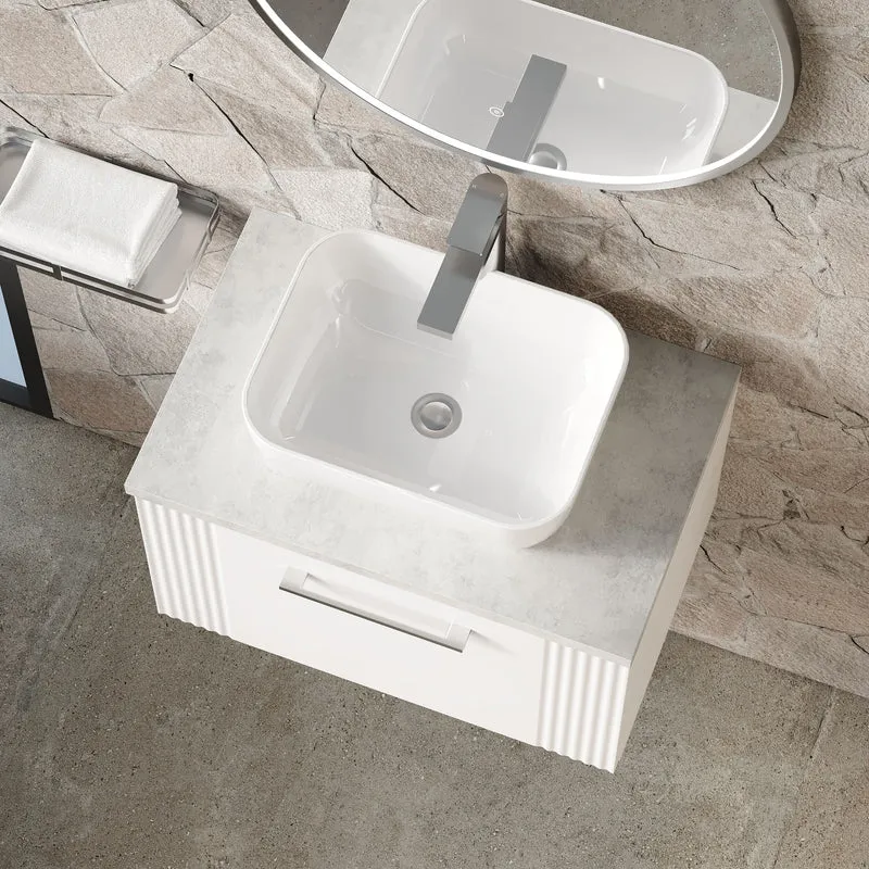 Deco 600mm Wall Hung 1 Drawer Vanity Unit & Bellato Grey Laminate Worktop - White Satin