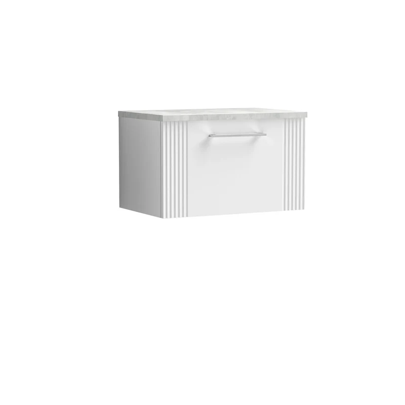 Deco 600mm Wall Hung 1 Drawer Vanity Unit & Bellato Grey Laminate Worktop - White Satin