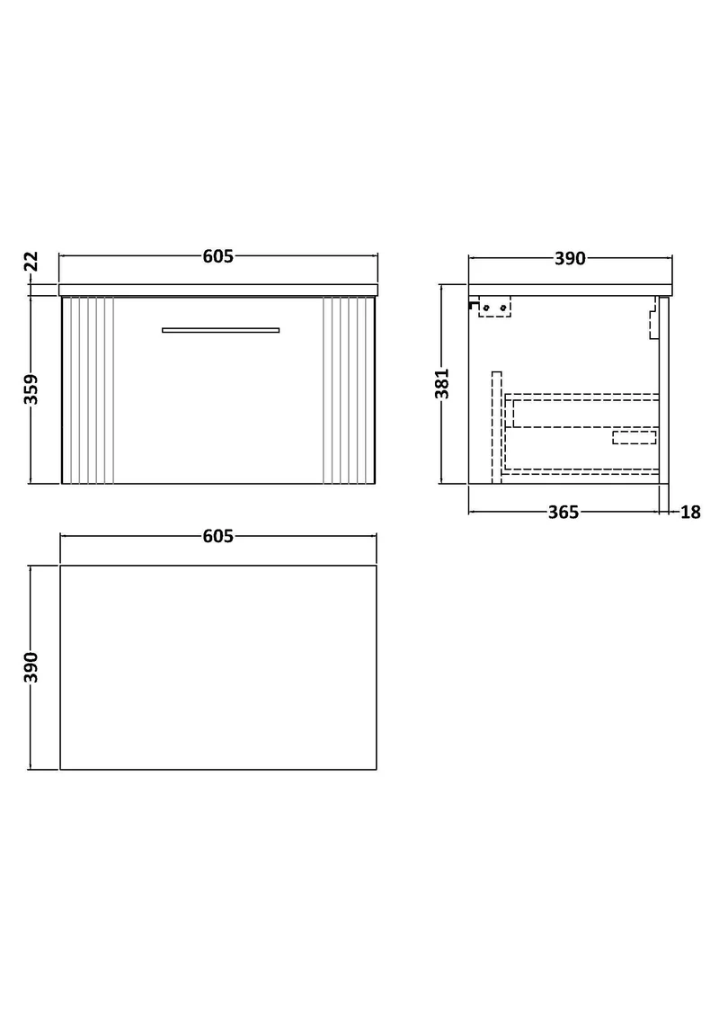 Deco 600mm Wall Hung 1 Drawer Vanity Unit & Bellato Grey Laminate Worktop - White Satin