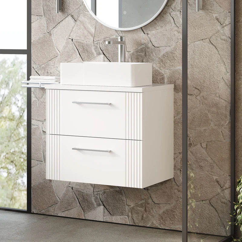 Deco 600mm Wall Hung 2 Drawer Vanity Unit & Worktop - White Satin
