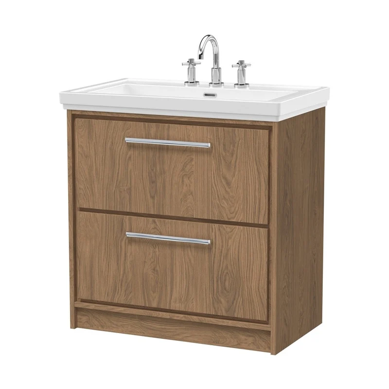 Hudson Reed Lille 800mm Floor Standing 2-drawer Vanity With Basin - 3 Tap Hole Contemp Antique Oak Fireclay,MFC Textured Woodgrain 867x830x471mm