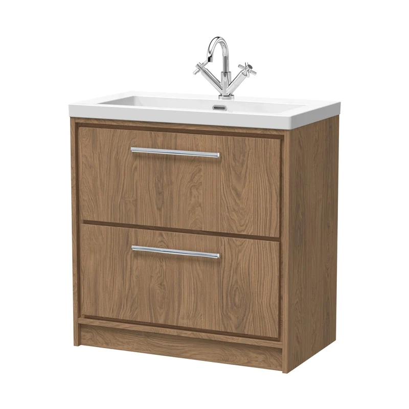 Hudson Reed Lille 800mm Floor Standing 2-drawer Vanity With Basin - 1 Tap Hole Contemp Antique Oak Fireclay,MFC Textured Woodgrain 845x813x462mm