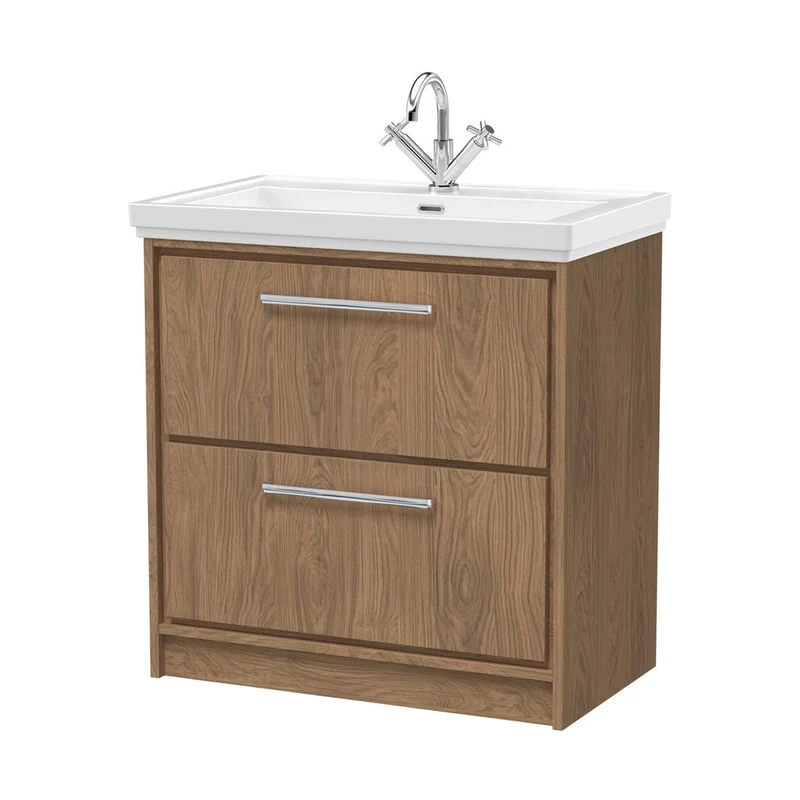 Hudson Reed Lille 800mm Floor Standing 2-drawer Vanity With Basin - 1 Tap Hole Contemp Antique Oak Fireclay,MFC Textured Woodgrain 867x830x471mm
