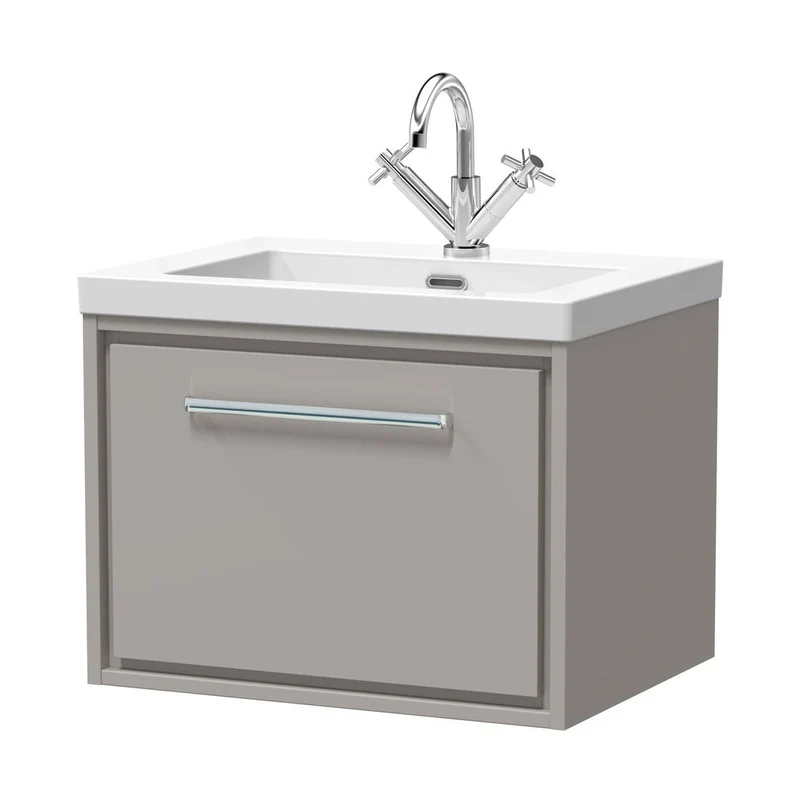 Hudson Reed Lille 600mm Wall Hung Single Drawer Vanity With Basin - 1 Tap Hole Contemp Pebble Grey Fireclay,MFC Smooth Matt 476x613x462mm