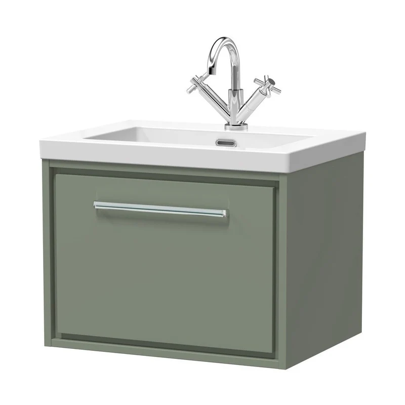 Hudson Reed Lille 600mm Wall Hung Single Drawer Vanity With Basin - 1 Tap Hole Contemp Fern Green Fireclay,MFC Smooth Matt 476x613x462mm