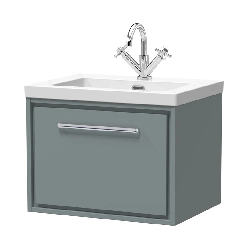 Hudson Reed Lille 600mm Wall Hung Single Drawer Vanity With Basin - 1 Tap Hole Contemp Coastal Grey Fireclay,MFC Smooth Matt 476x613x462mm