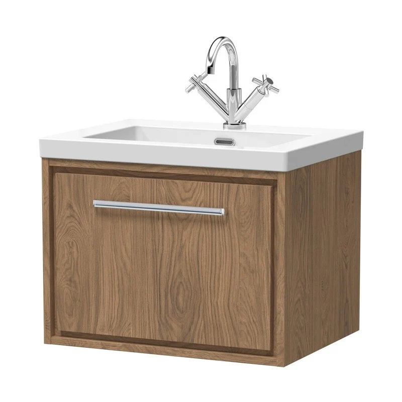 Hudson Reed Lille 600mm Wall Hung Single Drawer Vanity With Basin - 1 Tap Hole Contemp Antique Oak Fireclay,MFC Textured Woodgrain 476x613x462mm