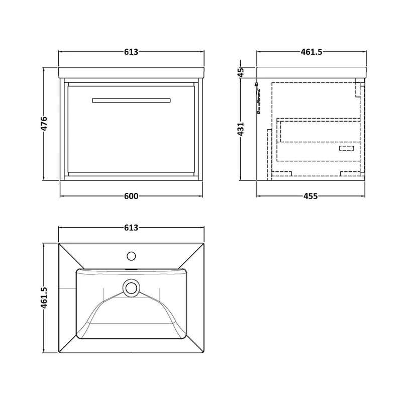 Hudson Reed Lille 600mm Wall Hung Single Drawer Vanity With Basin - 1 Tap Hole Contemp Antique Oak Fireclay,MFC Textured Woodgrain 476x613x462mm