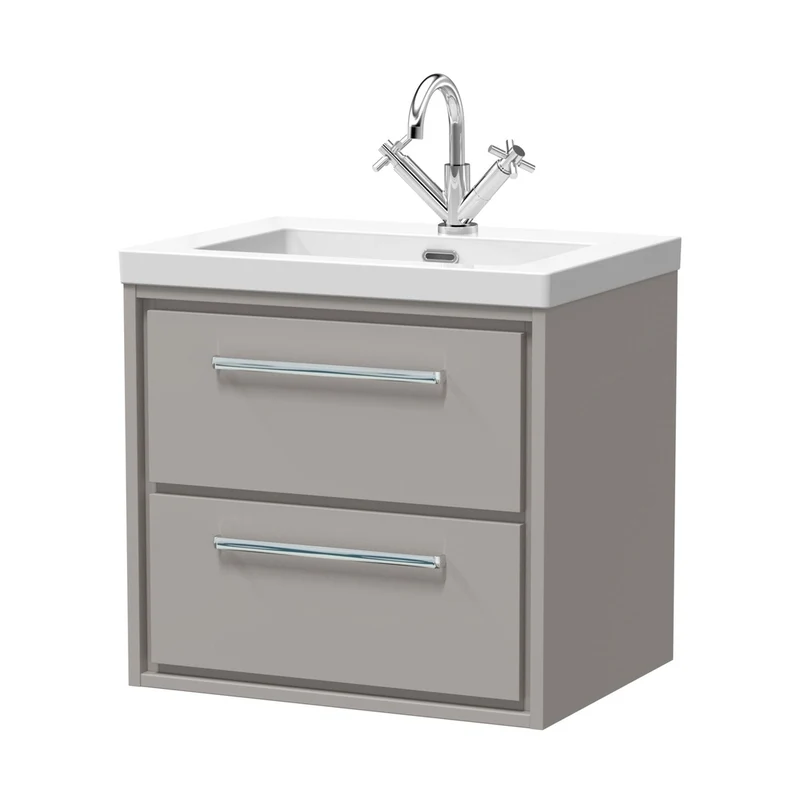 Hudson Reed Lille 600mm Wall Hung 2-drawer Vanity With Basin - 1 Tap Hole Contemp Pebble Grey Fireclay,MFC Smooth Matt 584x613x462mm