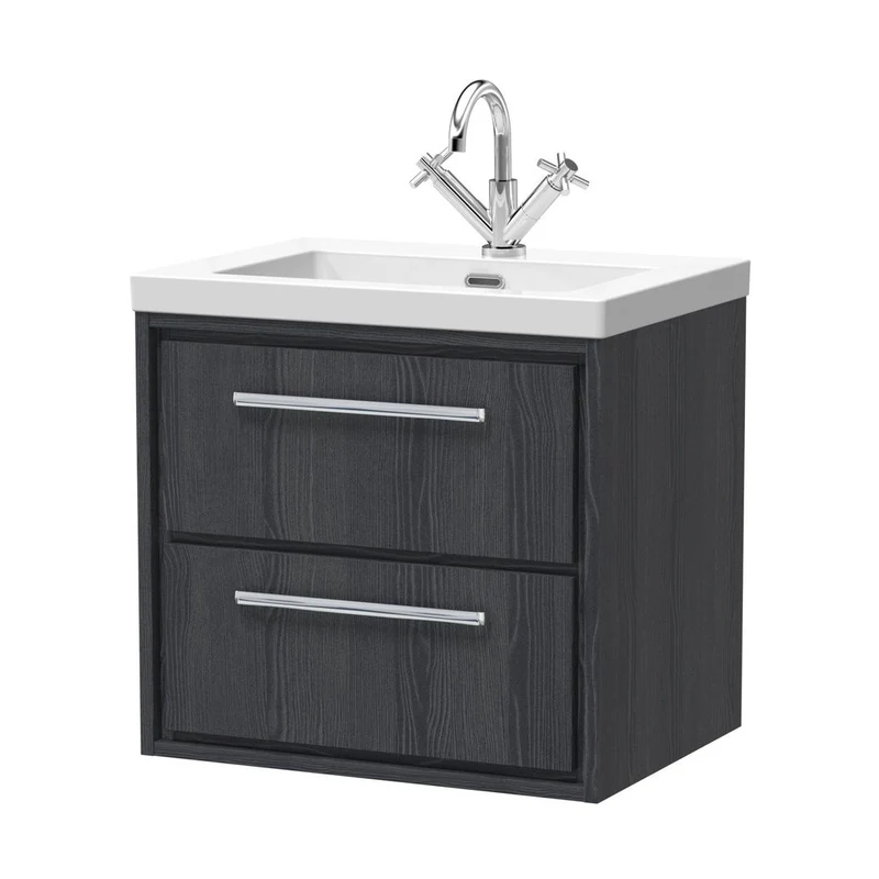 Hudson Reed Lille 600mm Wall Hung 2-drawer Vanity With Basin - 1 Tap Hole Contemp Graphite Grey Woodgrain Fireclay,MFC Textured Woodgrain 584x613x462mm