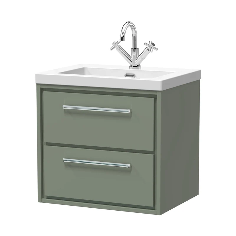 Hudson Reed Lille 600mm Wall Hung 2-drawer Vanity With Basin - 1 Tap Hole Contemp Fern Green Fireclay,MFC Smooth Matt 584x613x462mm