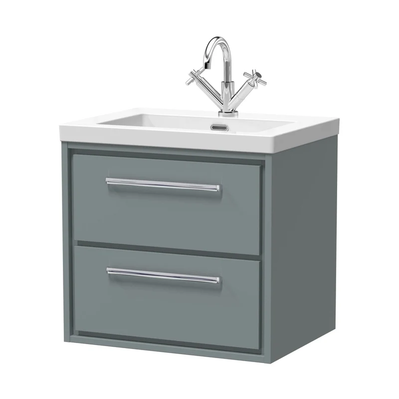 Hudson Reed Lille 600mm Wall Hung 2-drawer Vanity With Basin - 1 Tap Hole Contemp Coastal Grey Fireclay,MFC Smooth Matt 584x613x462mm