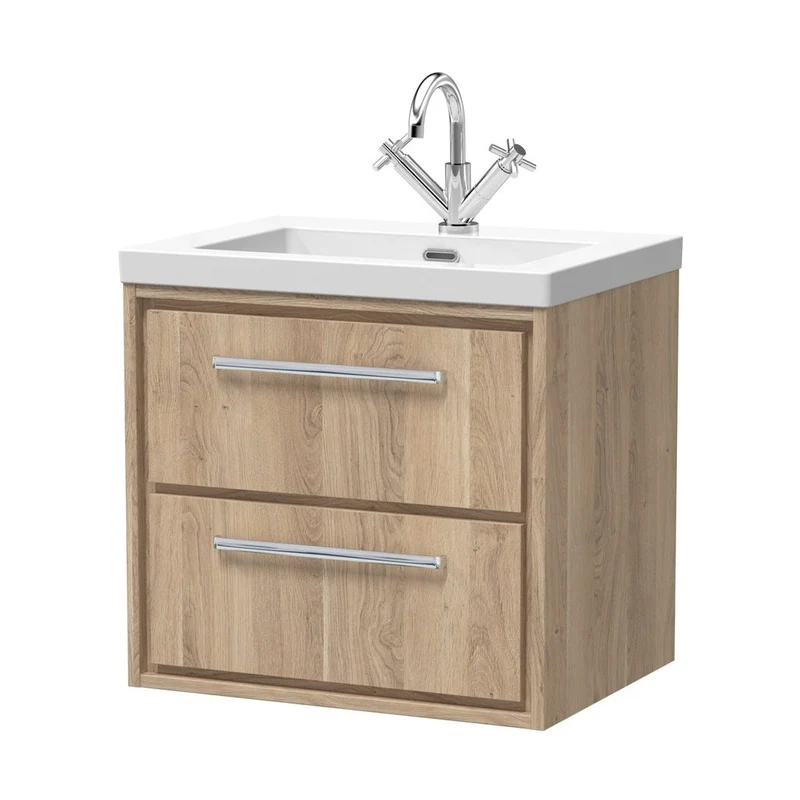 Hudson Reed Lille 600mm Wall Hung 2-drawer Vanity With Basin - 1 Tap Hole Contemp Bleached Oak Fireclay,MFC Textured Woodgrain 584x613x462mm