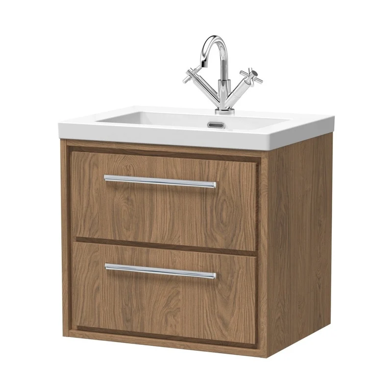 Hudson Reed Lille 600mm Wall Hung 2-drawer Vanity With Basin - 1 Tap Hole Contemp Antique Oak Fireclay,MFC Textured Woodgrain 584x613x462mm