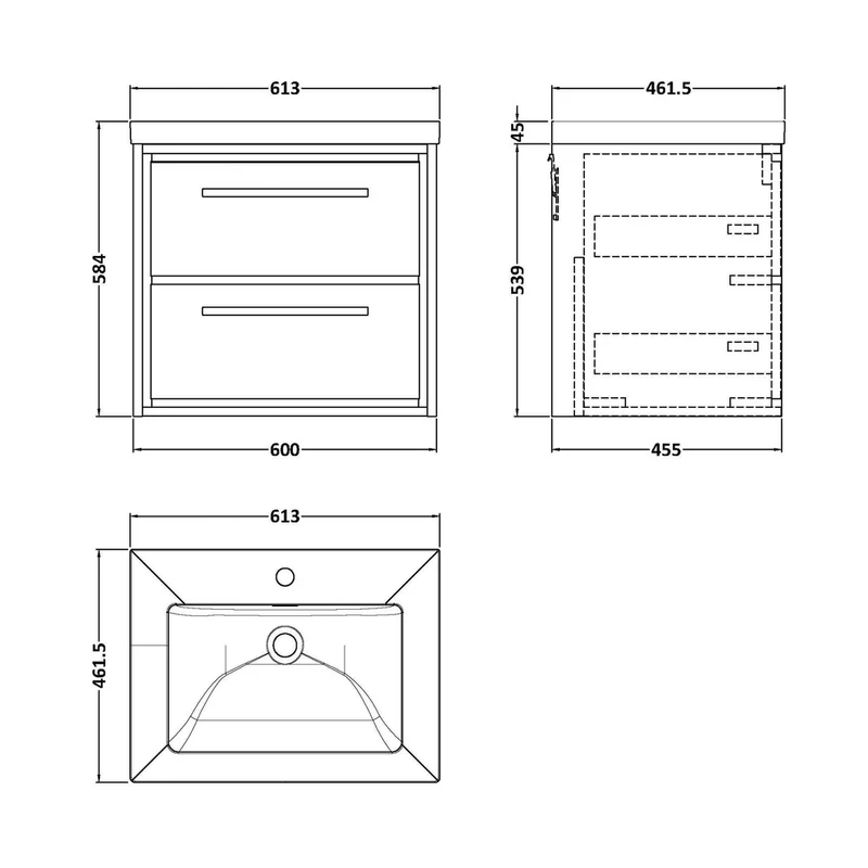 Hudson Reed Lille 600mm Wall Hung 2-drawer Vanity With Basin - 1 Tap Hole Contemp Antique Oak Fireclay,MFC Textured Woodgrain 584x613x462mm
