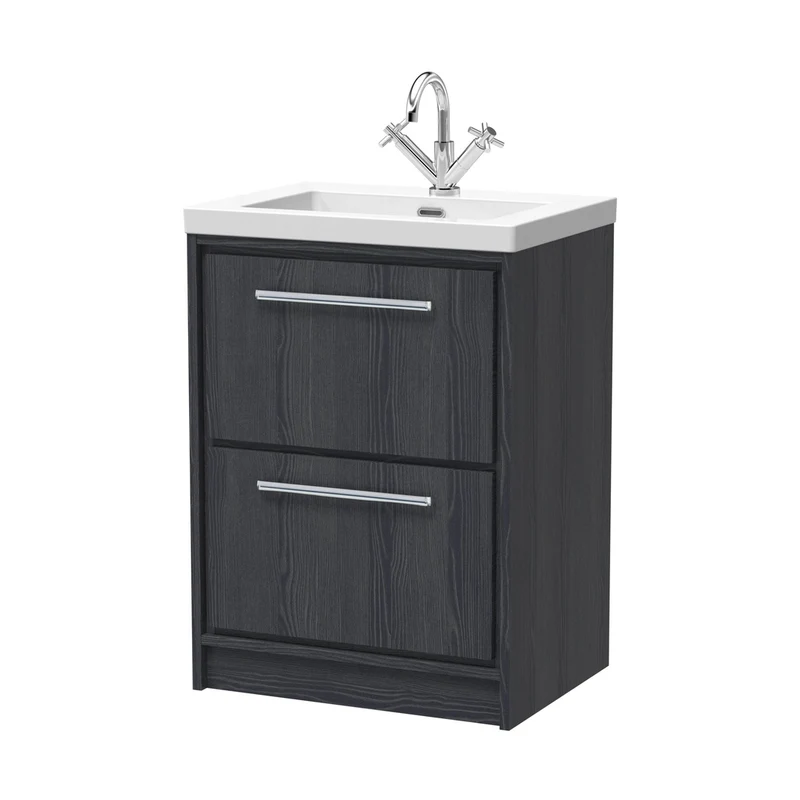 Hudson Reed Lille 600mm Floor Standing 2-drawer Vanity With Basin - 1 Tap Hole Contemp Graphite Grey Woodgrain Fireclay,MFC Textured Woodgrain 845x613x462mm