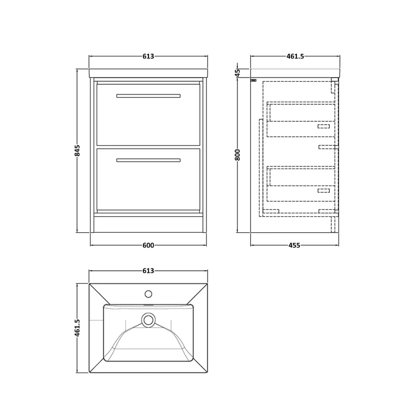 Hudson Reed Lille 600mm Floor Standing 2-drawer Vanity With Basin - 1 Tap Hole Contemp Graphite Grey Woodgrain Fireclay,MFC Textured Woodgrain 845x613x462mm