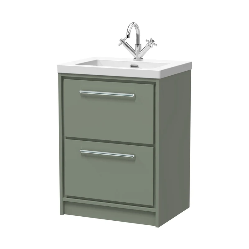 Hudson Reed Lille 600mm Floor Standing 2-drawer Vanity With Basin - 1 Tap Hole Contemp Fern Green Fireclay,MFC Smooth Matt 845x613x462mm