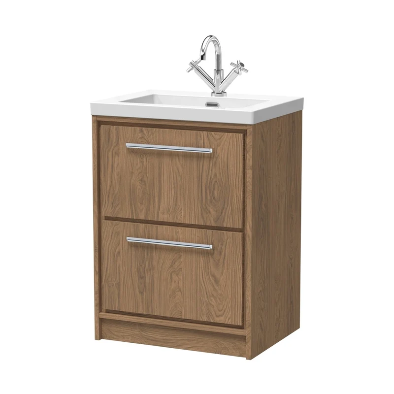 Hudson Reed Lille 600mm Floor Standing 2-drawer Vanity With Basin - 1 Tap Hole Contemp Antique Oak Fireclay,MFC Textured Woodgrain 845x613x462mm