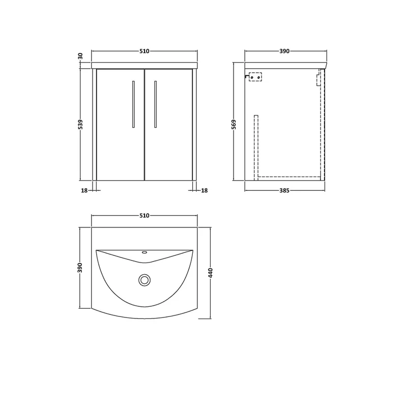 Hudson Reed Juno 500mm Wall Hung 2 Door Vanity & Basin 4 Contemp Metallic Slate MFC Textured Matt 569x510x440mm