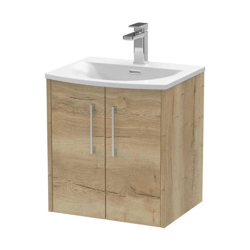 Hudson Reed Juno 500mm Wall Hung 2 Door Vanity & Basin 4 Contemp Autumn Oak MFC Textured Woodgrain 569x510x440mm