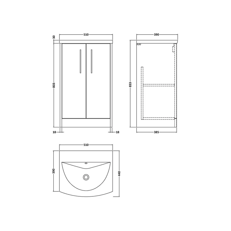Hudson Reed Juno 500mm Floor Standing 2 Door Vanity & Basin 4 Contemp Coastal Grey MFC Smooth Matt 833x510x440mm