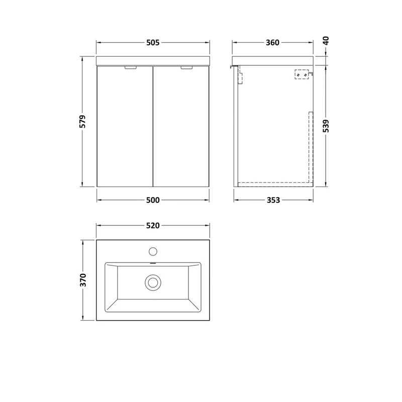 Hudson Reed Fusion 500mm Vanity Unit & Ceramic Basin Contemp Gloss Grey MFC Painted Gloss 579x505x360mm - CBI940A