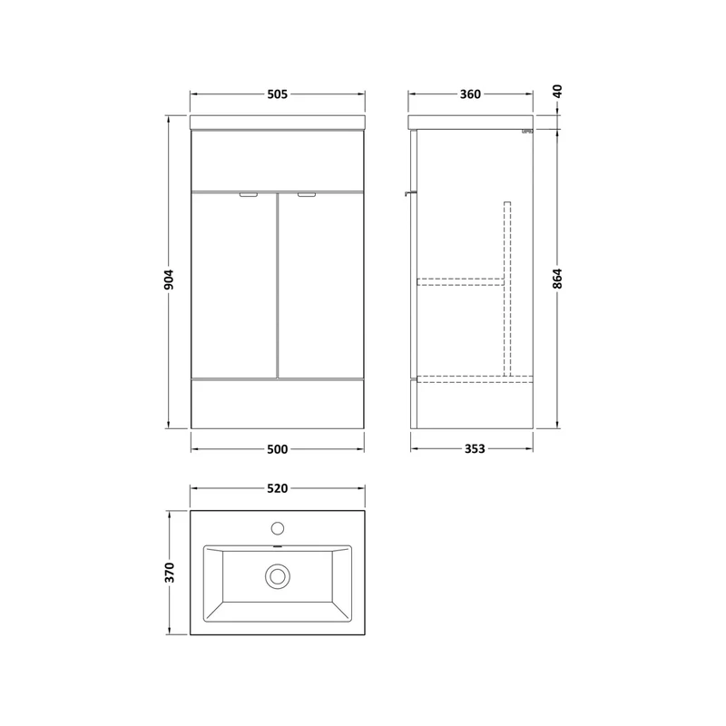 Hudson Reed Fusion 500mm Vanity Unit & Ceramic Basin Contemp Charcoal Black MFC Textured Woodgrain 904x505x360mm