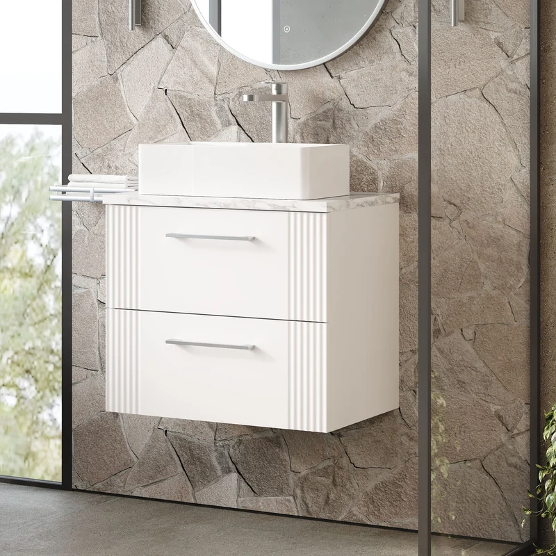 Deco 600mm Wall Hung 2 Drawer Vanity Unit & Carrera Marble Laminate Worktop - White Satin