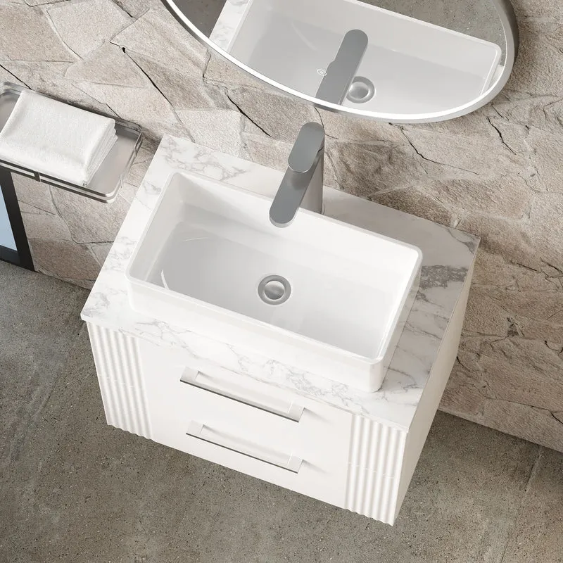 Deco 600mm Wall Hung 2 Drawer Vanity Unit & Carrera Marble Laminate Worktop - White Satin