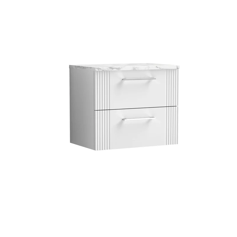 Deco 600mm Wall Hung 2 Drawer Vanity Unit & Carrera Marble Laminate Worktop - White Satin