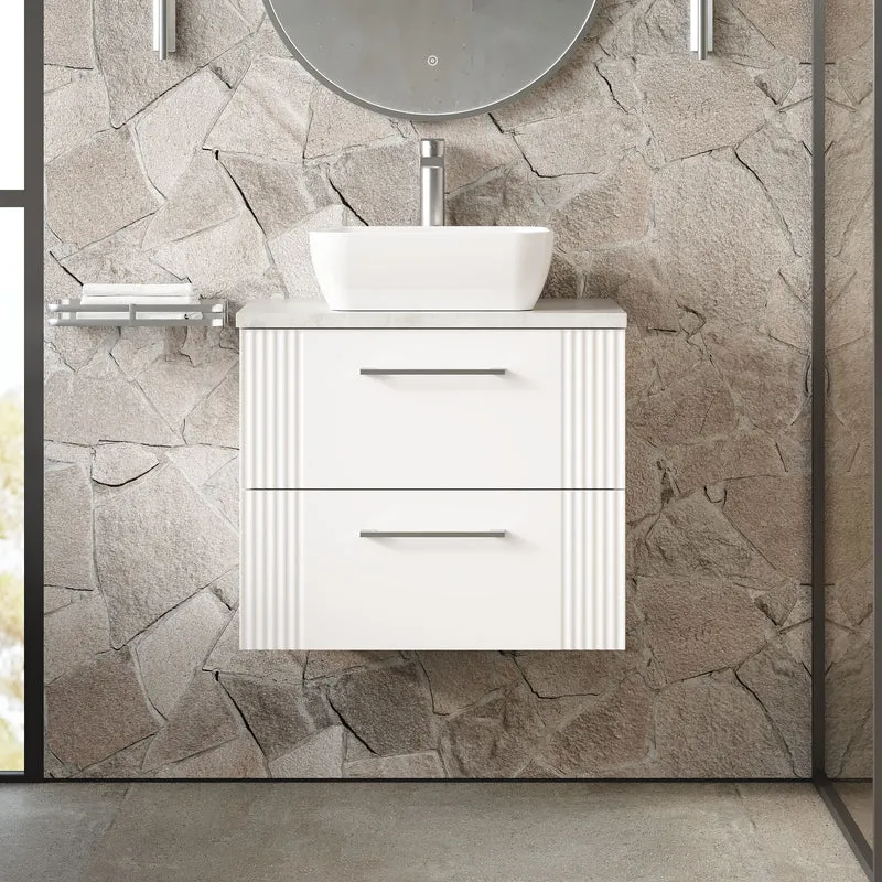 Deco 600mm Wall Hung 2 Drawer Vanity Unit & Bellato Grey Laminate Worktop - White Satin