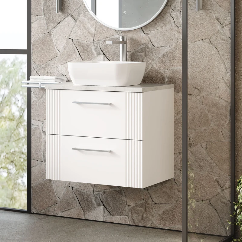 Deco 600mm Wall Hung 2 Drawer Vanity Unit & Bellato Grey Laminate Worktop - White Satin