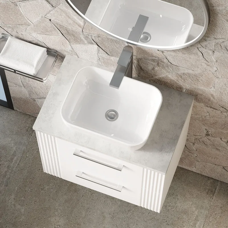 Deco 600mm Wall Hung 2 Drawer Vanity Unit & Bellato Grey Laminate Worktop - White Satin