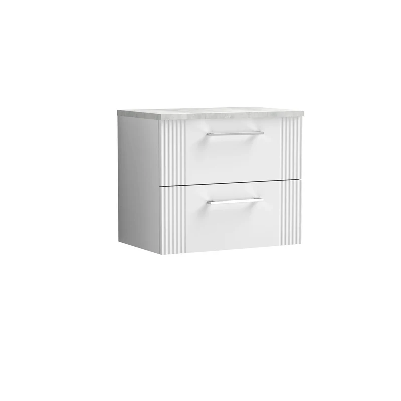 Deco 600mm Wall Hung 2 Drawer Vanity Unit & Bellato Grey Laminate Worktop - White Satin