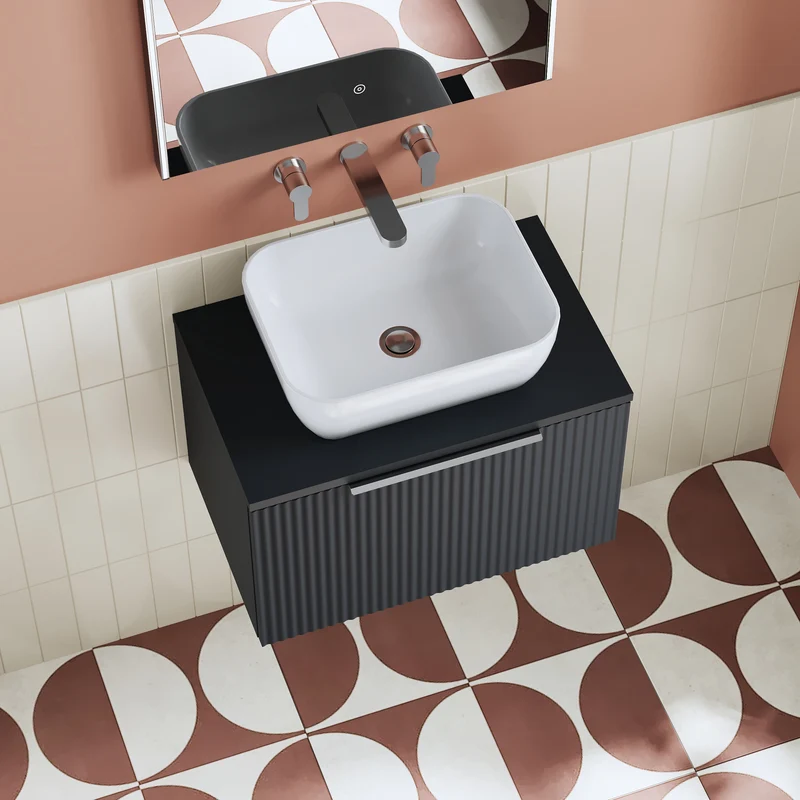 Deco 600mm Wall Hung 1 Drawer Vanity Unit & Worktop - Soft Black Satin