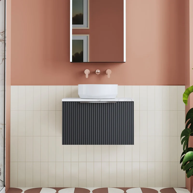 Deco 600mm Wall Hung 1 Drawer Vanity Unit & Carrera Marble Laminate Worktop - Soft Black Satin