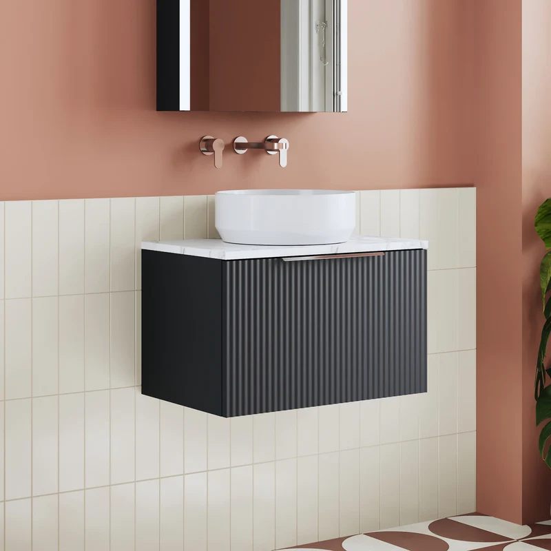 Deco 600mm Wall Hung 1 Drawer Vanity Unit & Carrera Marble Laminate Worktop - Soft Black Satin